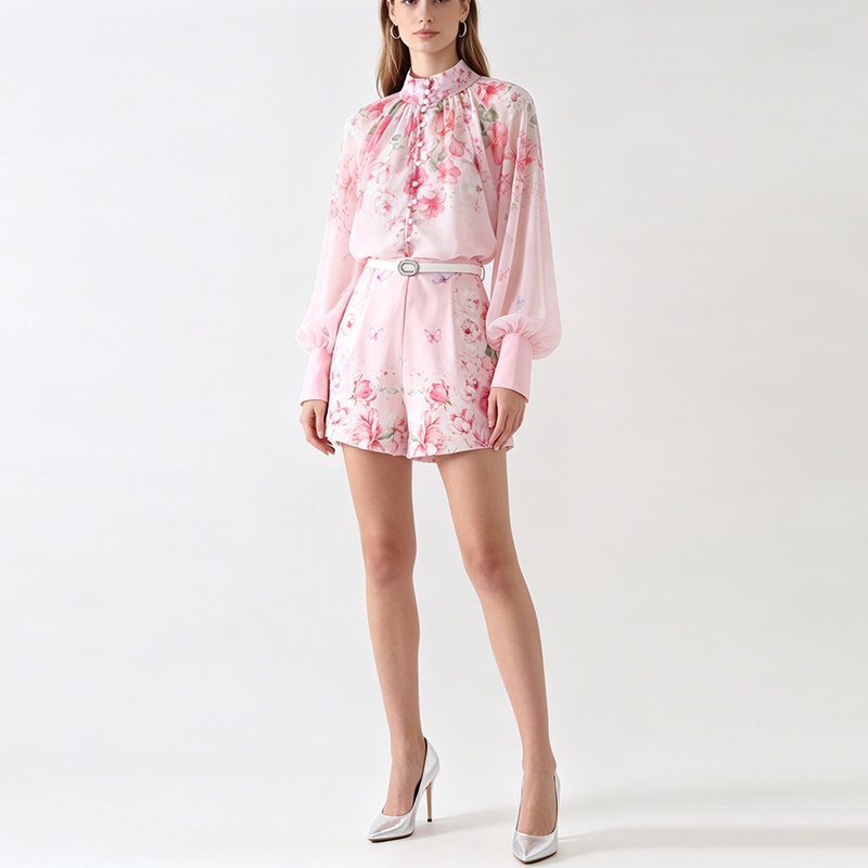 High waist lantern sleeve tops wide leg shorts a set
