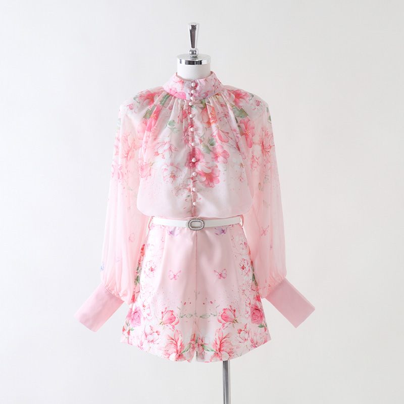 High waist lantern sleeve tops wide leg shorts a set