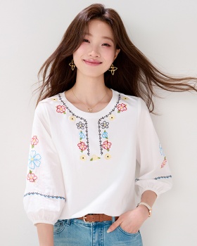 Bohemian style embroidery loose shirt short sleeve round neck tops