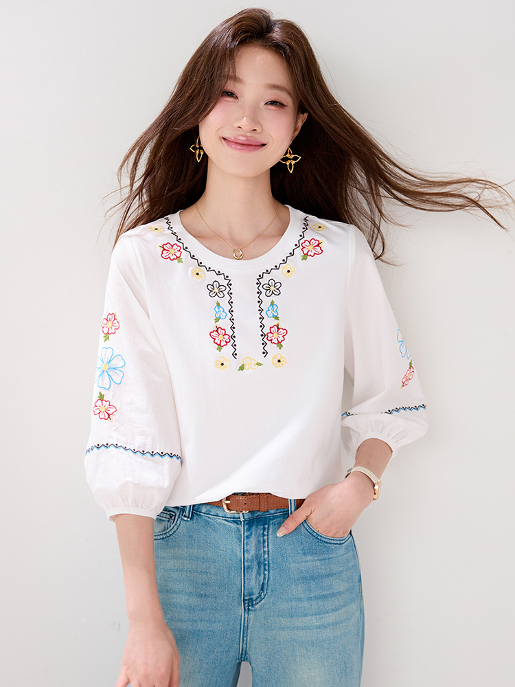 Bohemian style embroidery loose shirt short sleeve round neck tops