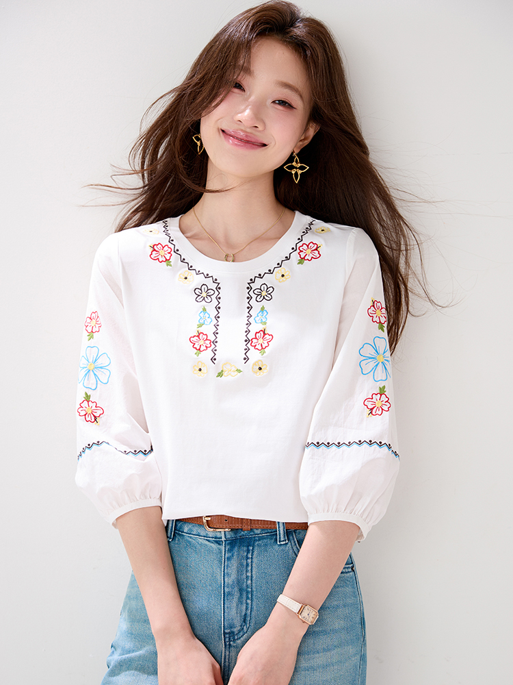 Bohemian style embroidery loose shirt short sleeve round neck tops