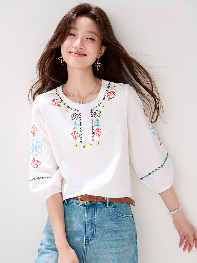 Bohemian style embroidery loose shirt short sleeve round neck tops