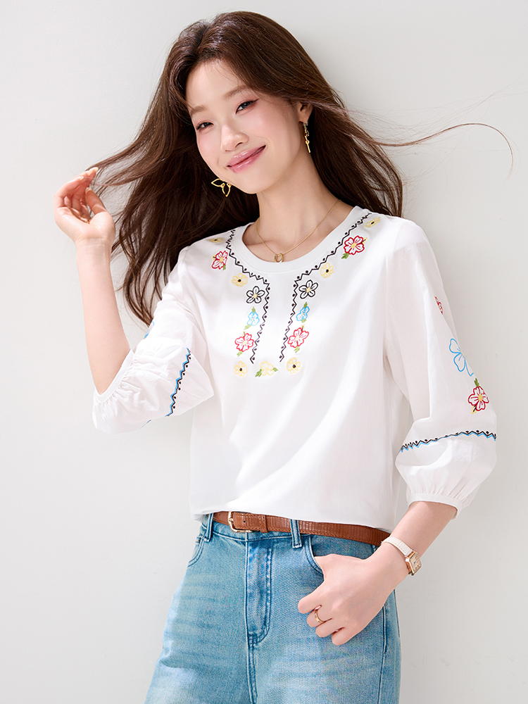 Bohemian style embroidery loose shirt short sleeve round neck tops