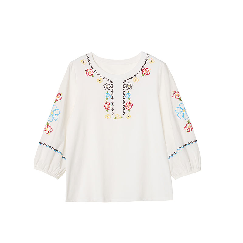 Bohemian style embroidery loose shirt short sleeve round neck tops