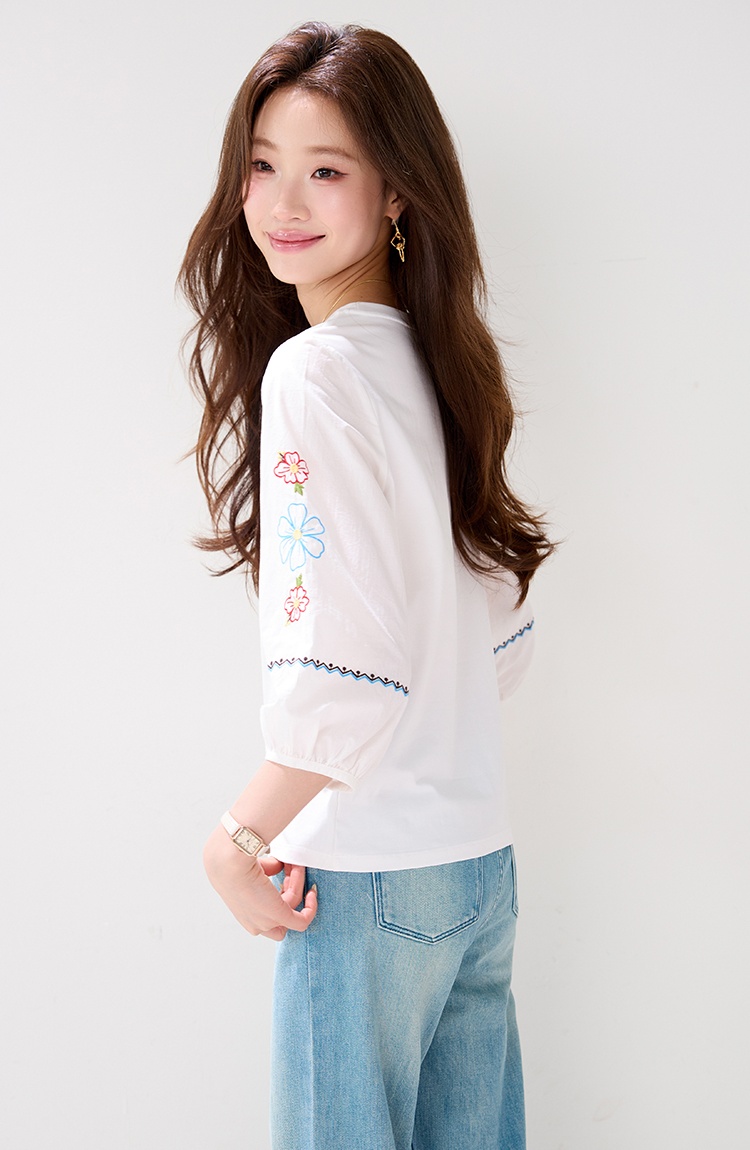 Bohemian style embroidery loose shirt short sleeve round neck tops