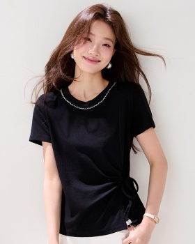 Black round neck T-shirt beading summer tops for women
