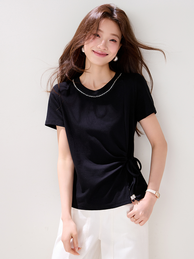 Black round neck T-shirt beading summer tops for women