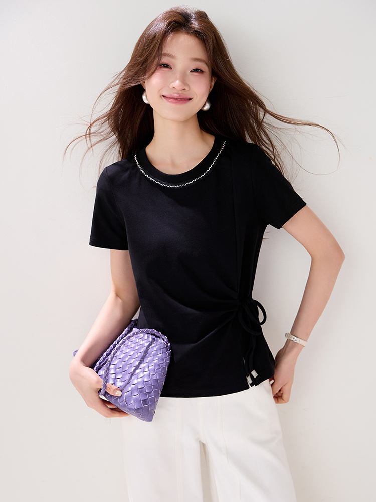 Black round neck T-shirt beading summer tops for women
