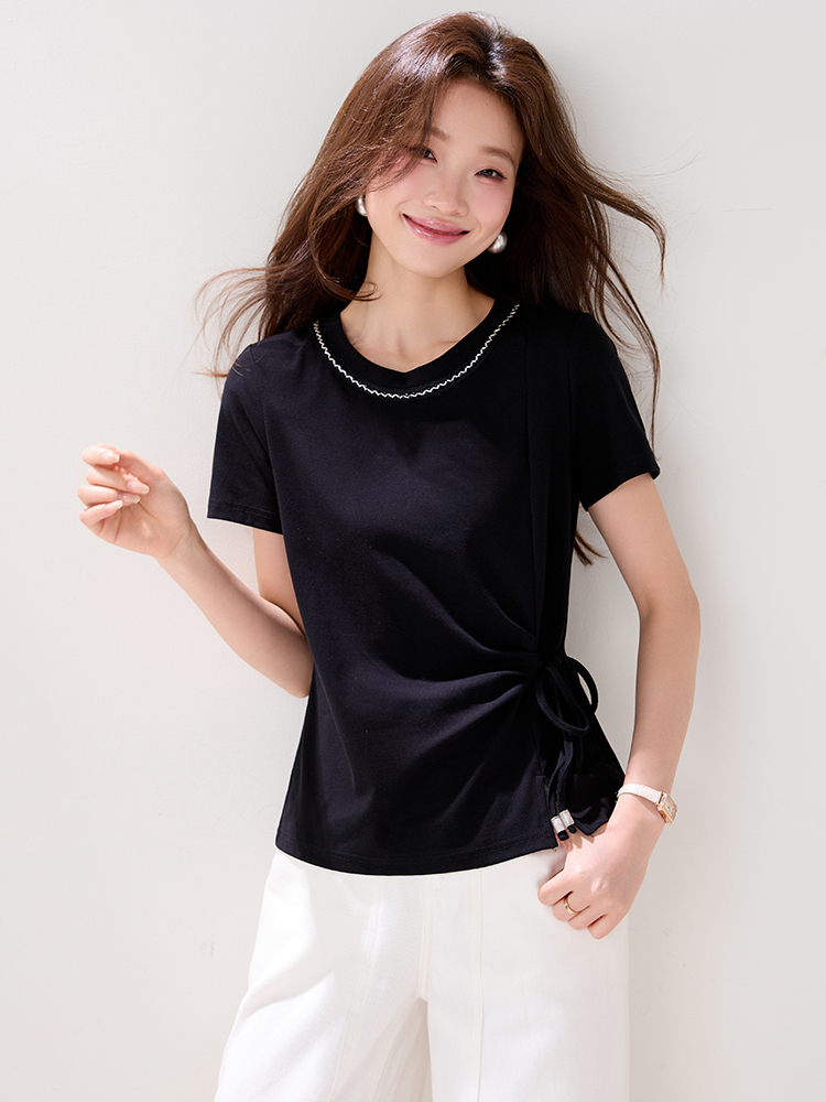 Black round neck T-shirt beading summer tops for women