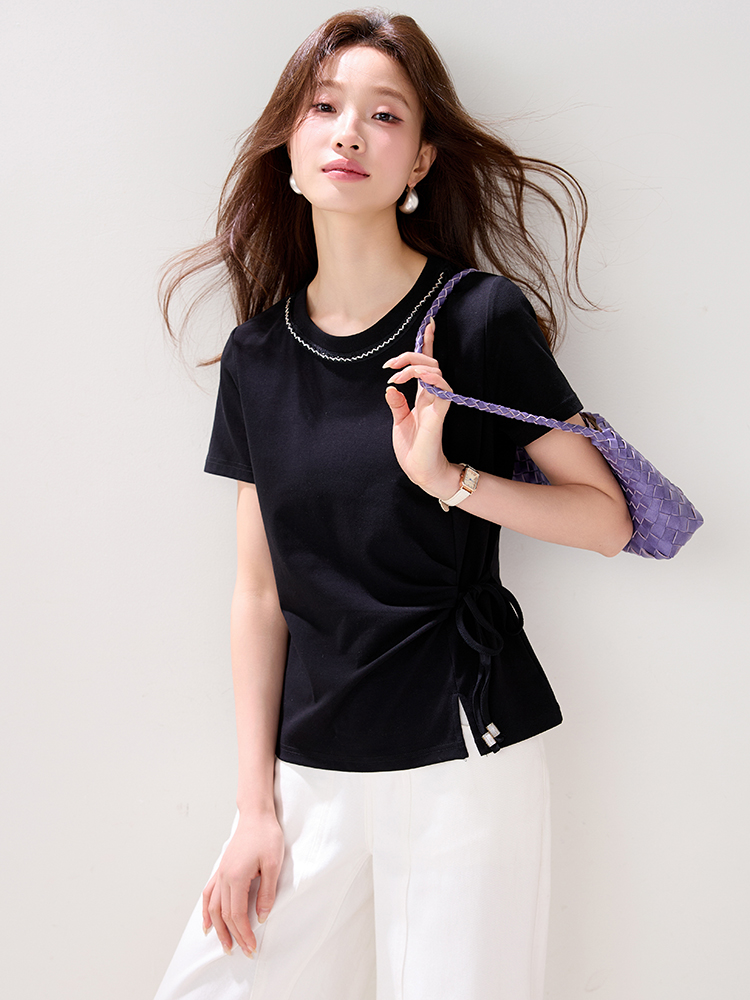 Black round neck T-shirt beading summer tops for women