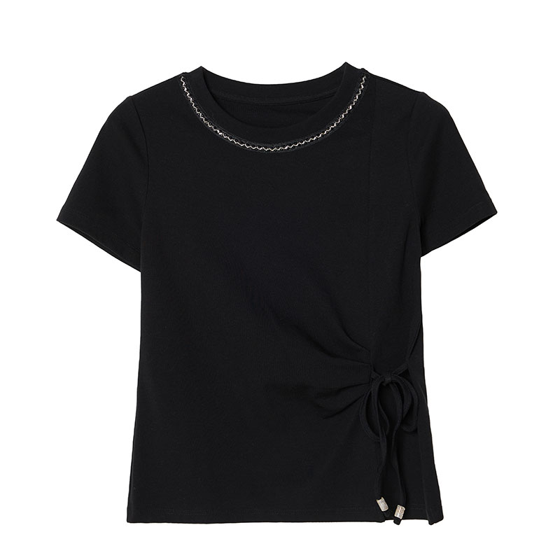 Black round neck T-shirt beading summer tops for women