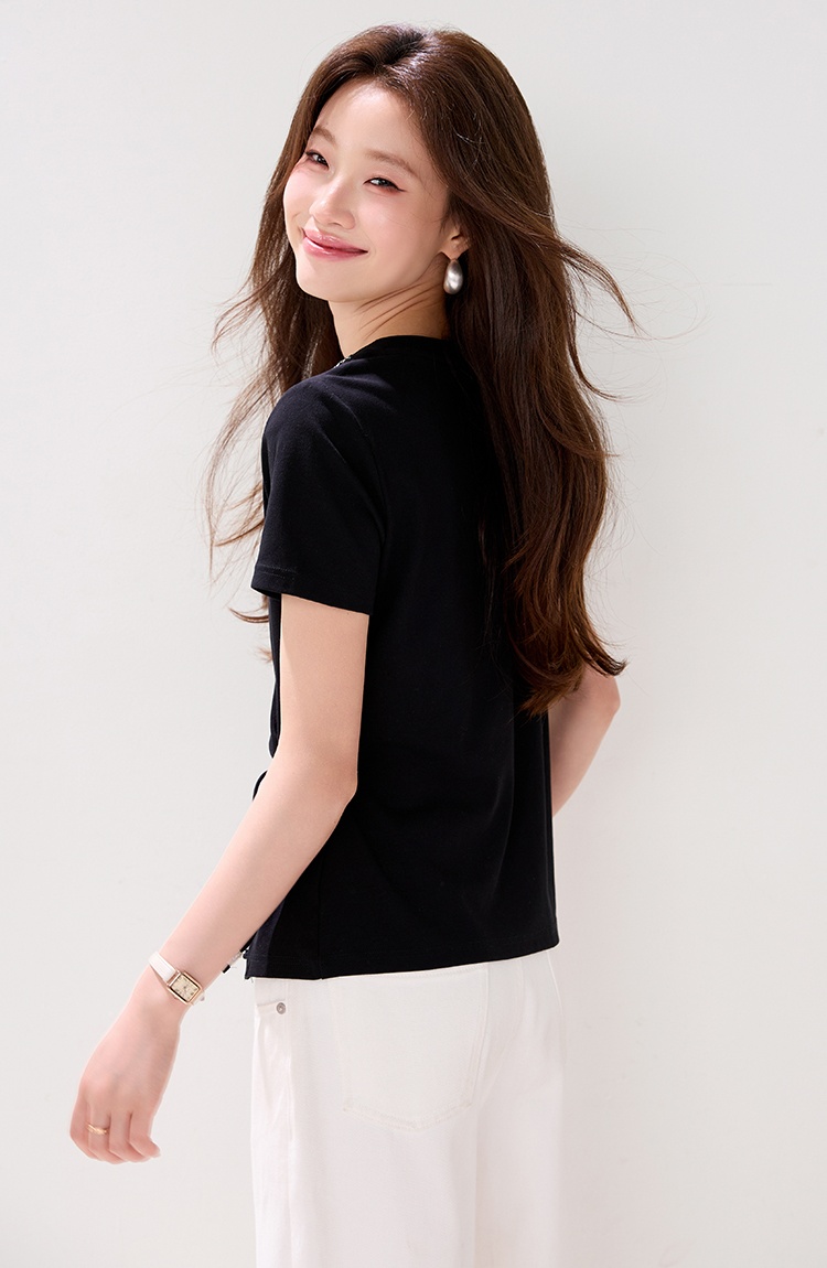 Black round neck T-shirt beading summer tops for women