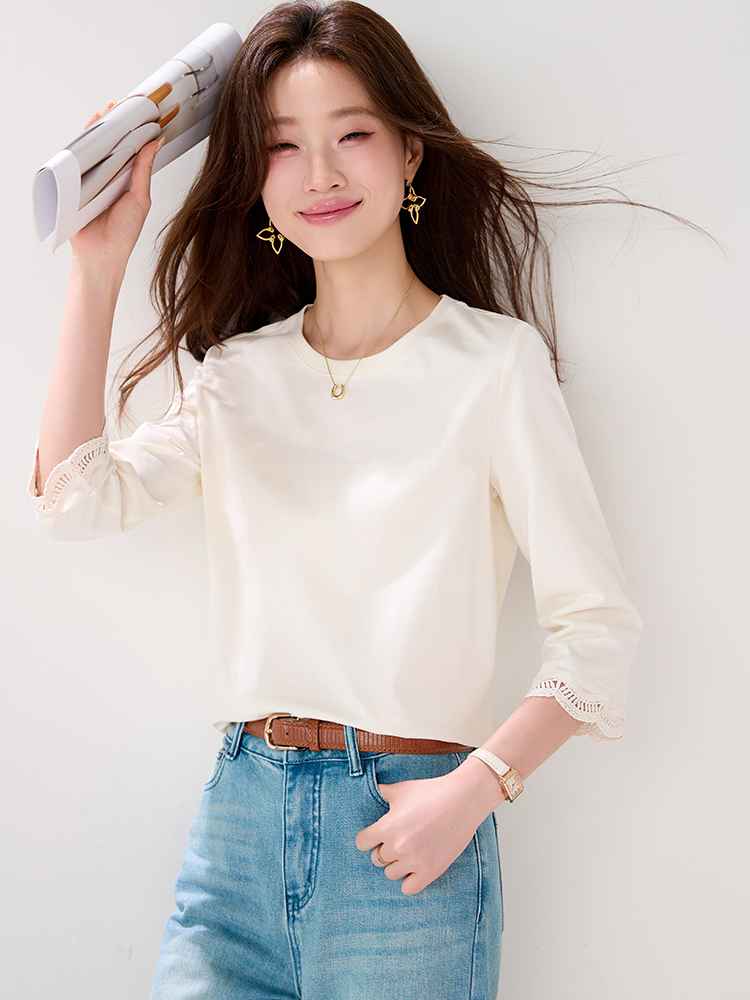 Summer short sleeve round neck tops lace cotton T-shirt for women