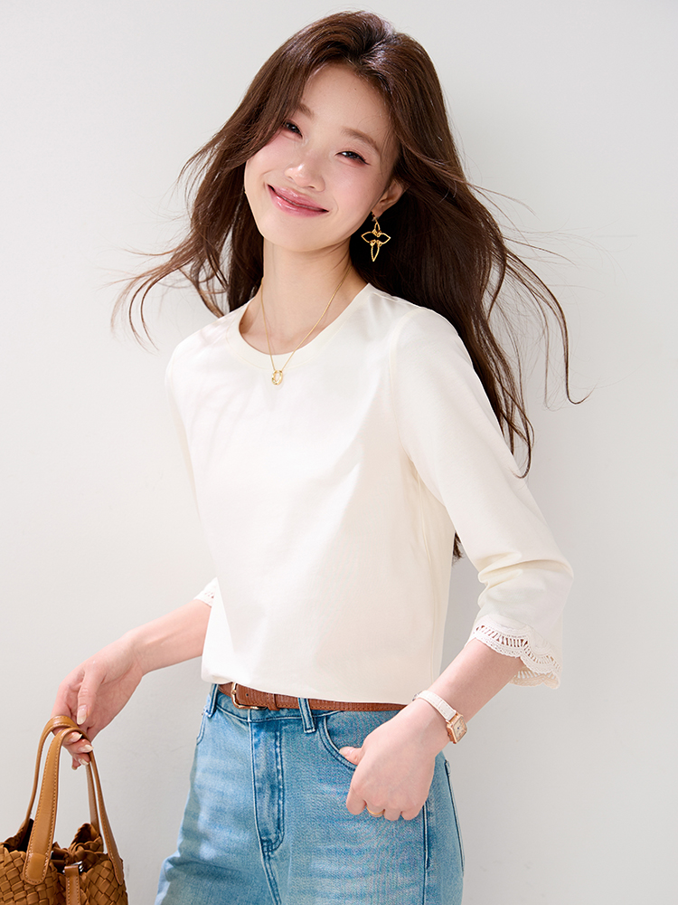 Summer short sleeve round neck tops lace cotton T-shirt for women