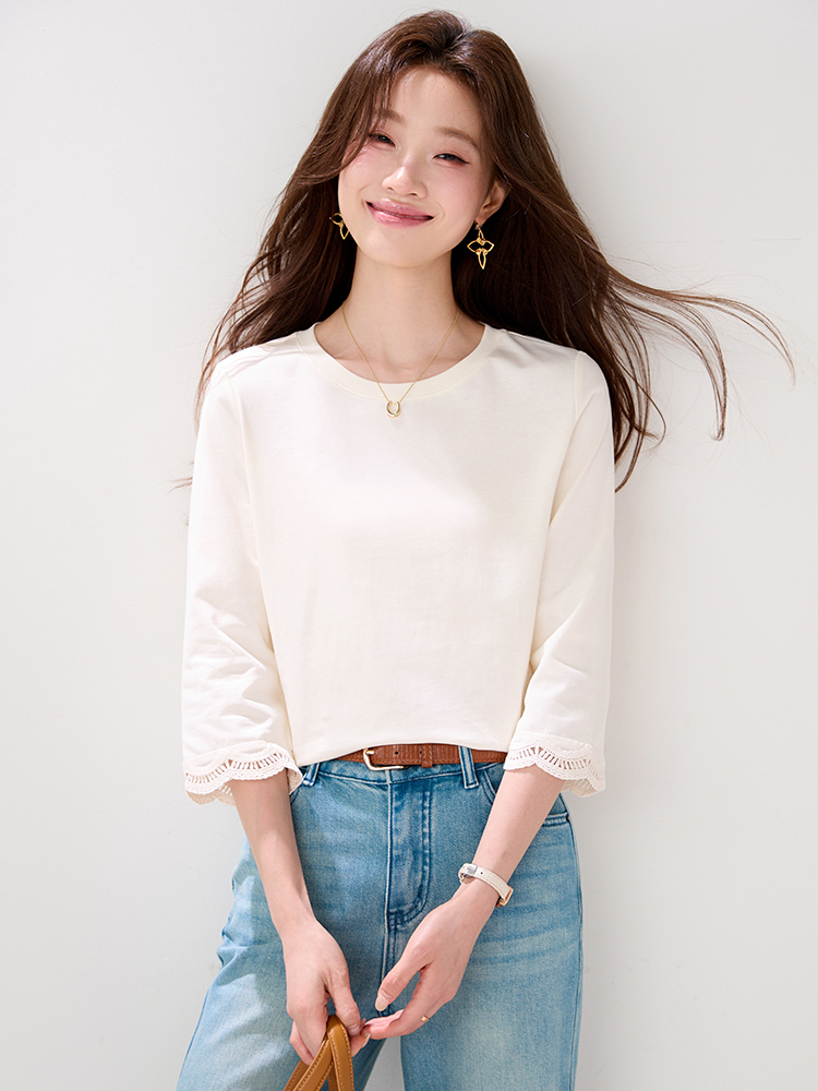 Summer short sleeve round neck tops lace cotton T-shirt for women