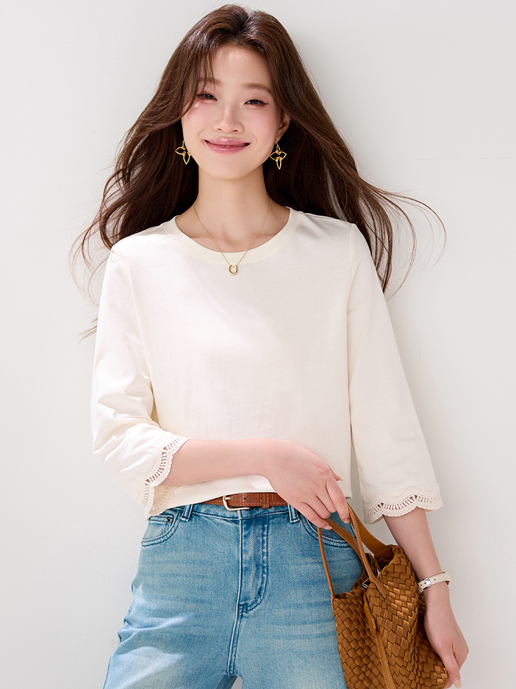 Summer short sleeve round neck tops lace cotton T-shirt for women