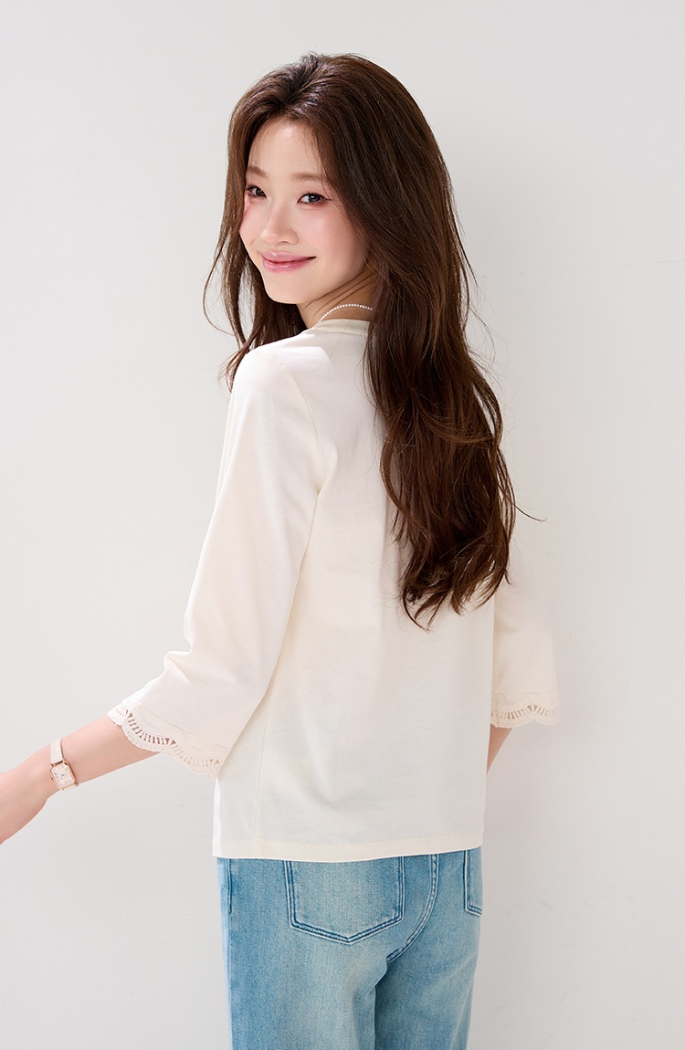 Summer short sleeve round neck tops lace cotton T-shirt for women