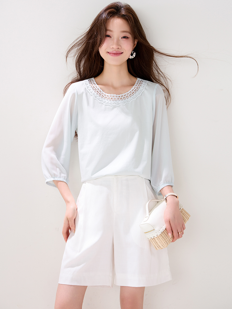 Short sleeve France style hollow tops lace summer T-shirt