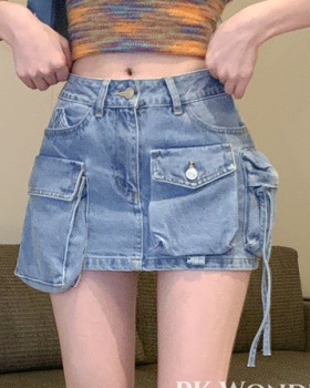 Pocket sexy short skirt denim laminated skirt for women
