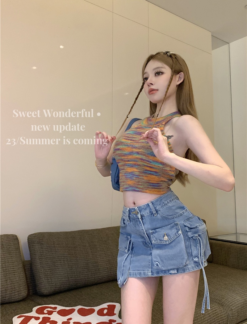 Pocket sexy short skirt denim laminated skirt for women