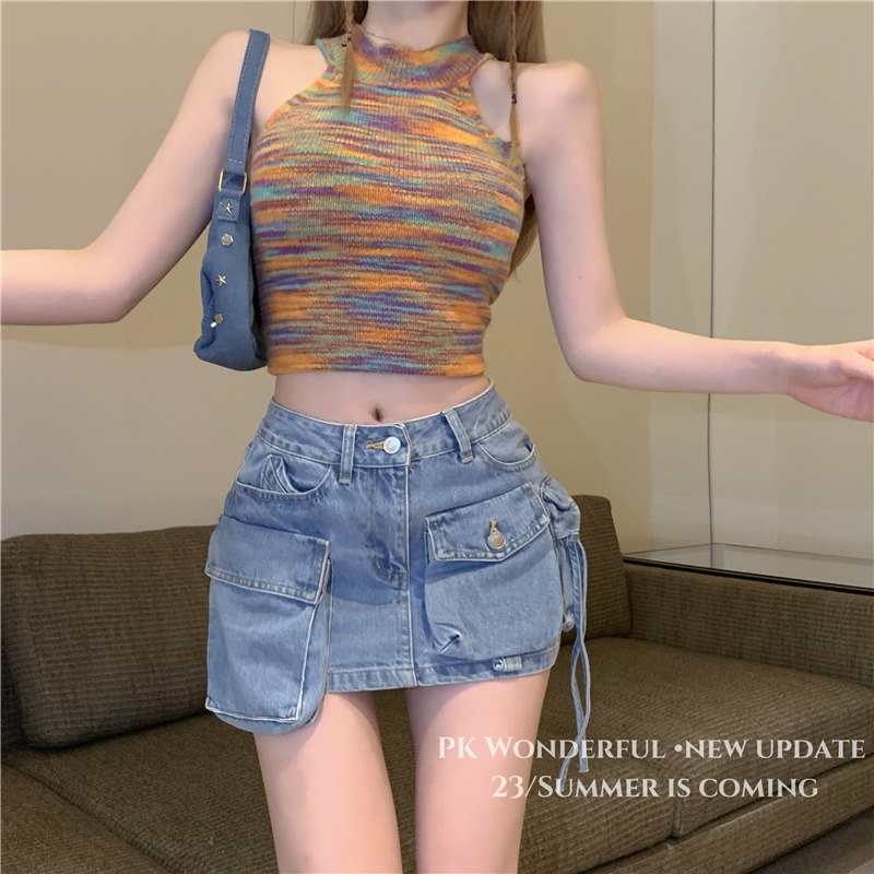Pocket sexy short skirt denim laminated skirt for women