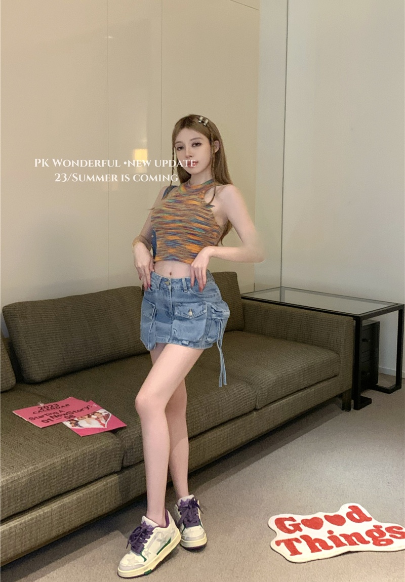 Pocket sexy short skirt denim laminated skirt for women