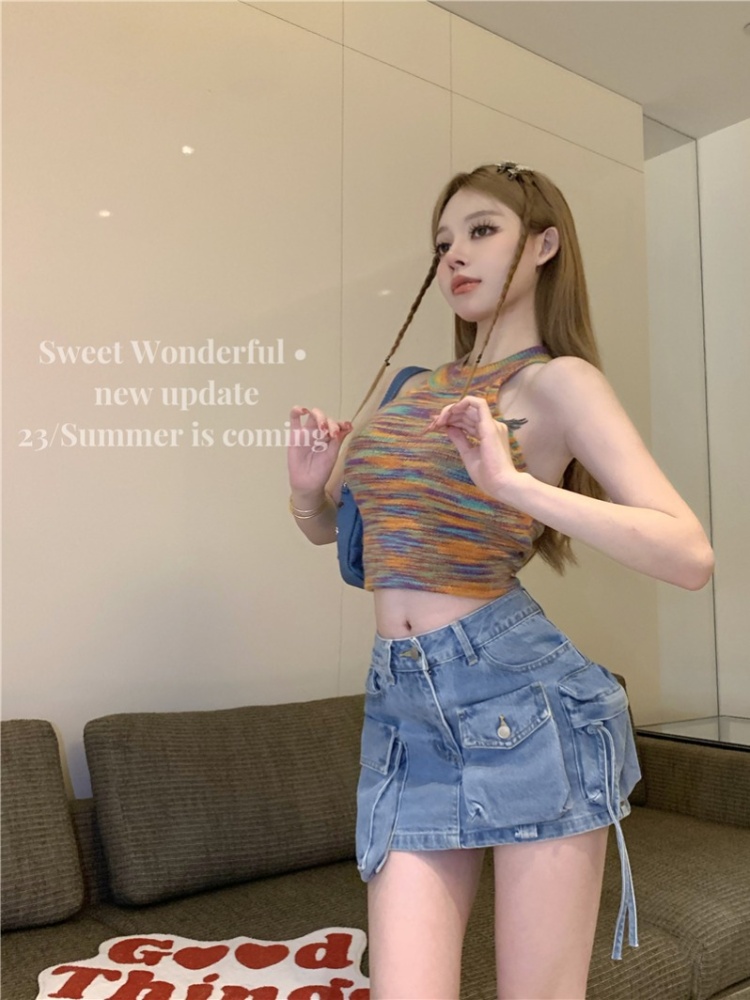 Pocket sexy short skirt denim laminated skirt for women
