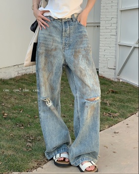 Loose high waist jeans straight pants holes pants