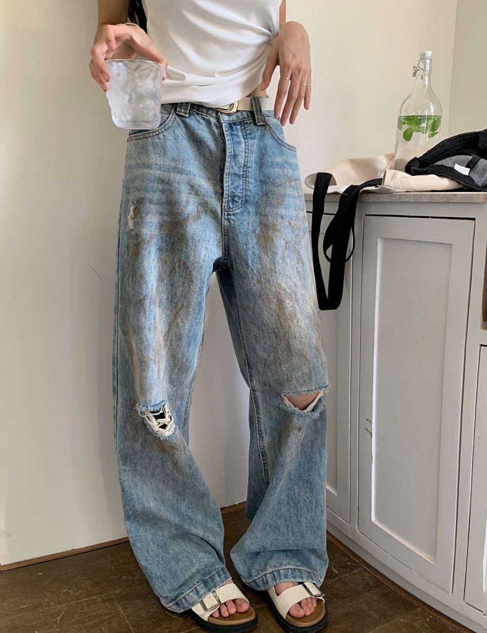 Loose high waist jeans straight pants holes pants