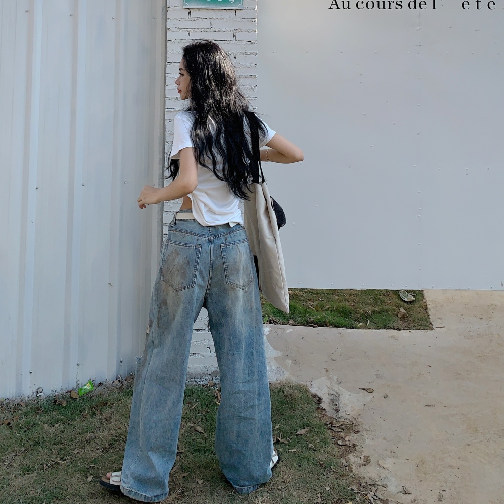 Loose high waist jeans straight pants holes pants