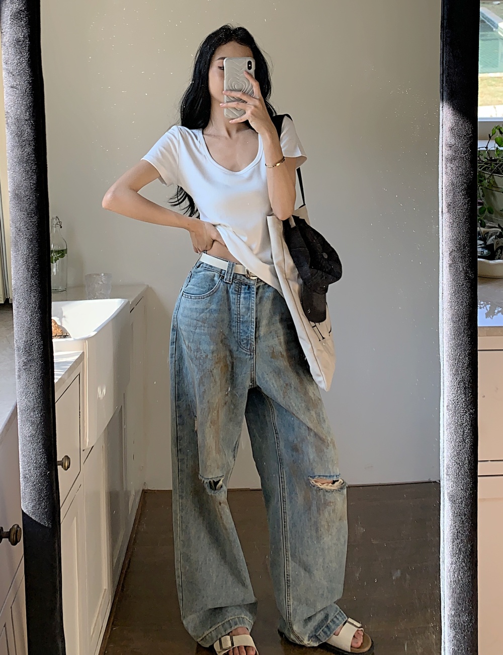 Loose high waist jeans straight pants holes pants