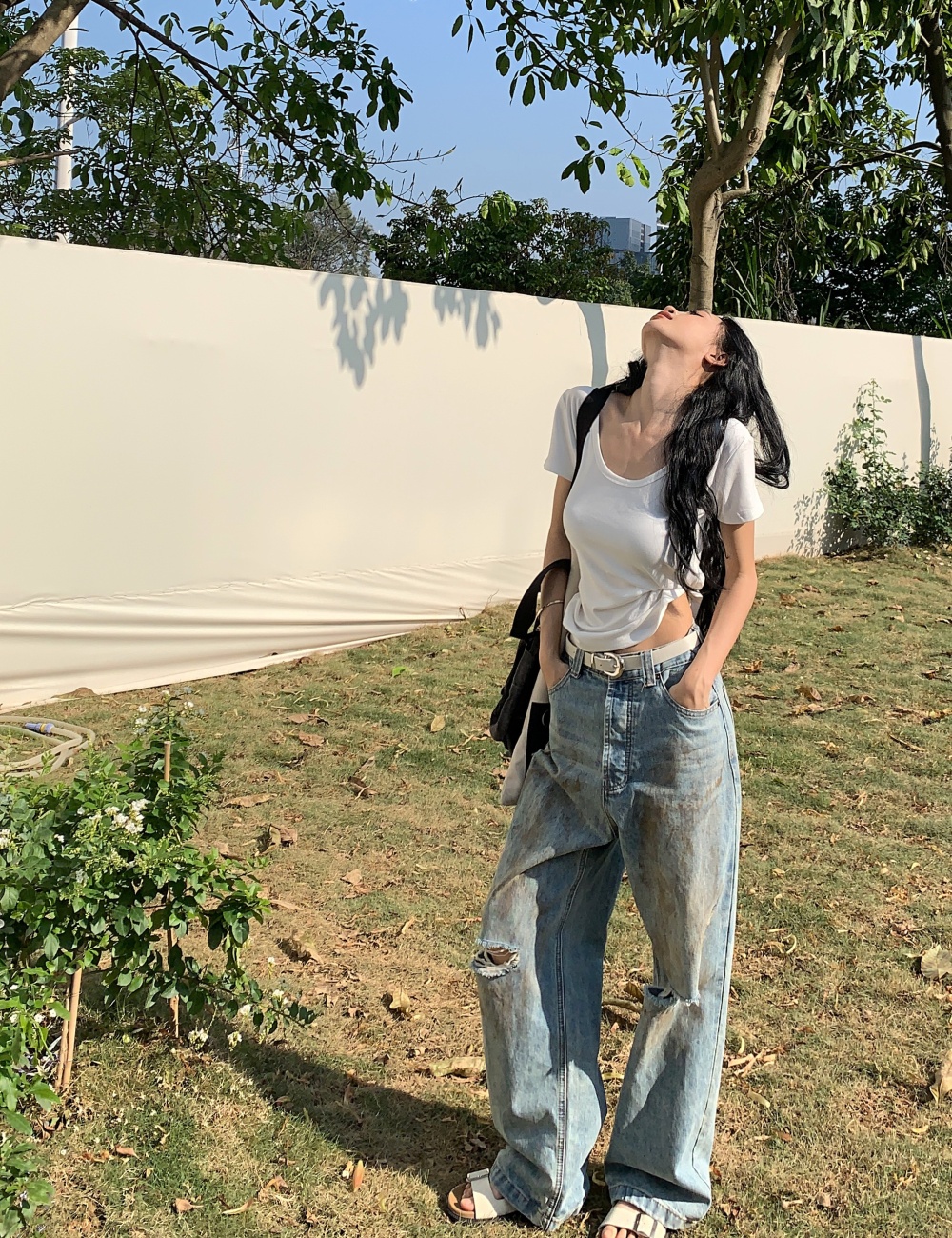 Loose high waist jeans straight pants holes pants