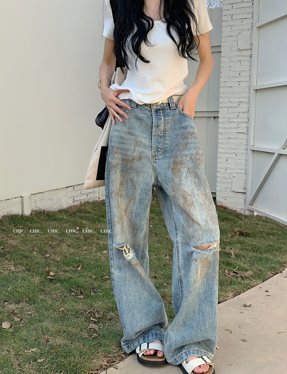 Loose high waist jeans straight pants holes pants