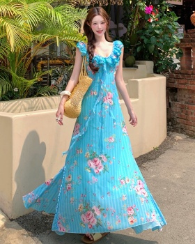 Lace rose sling mermaid long dress blue streamer floral dress