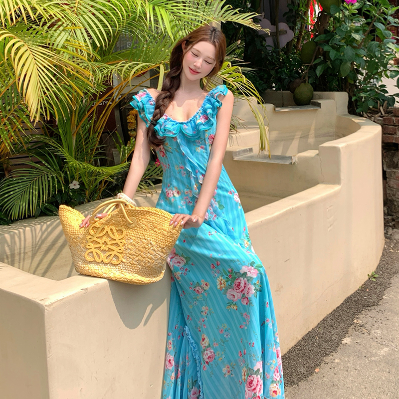 Lace rose sling mermaid long dress blue streamer floral dress