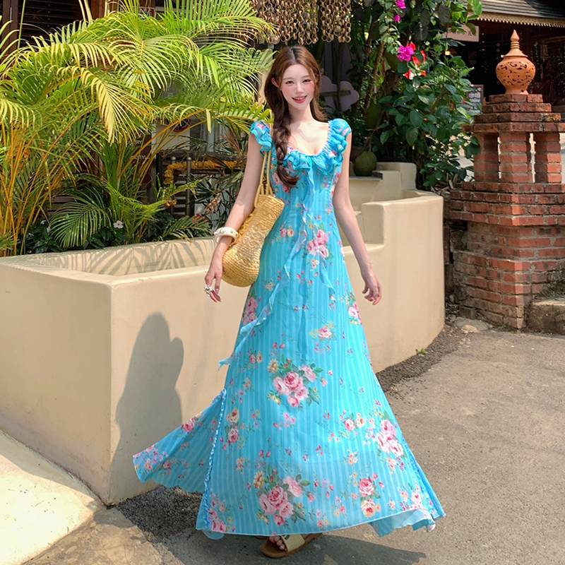 Lace rose sling mermaid long dress blue streamer floral dress
