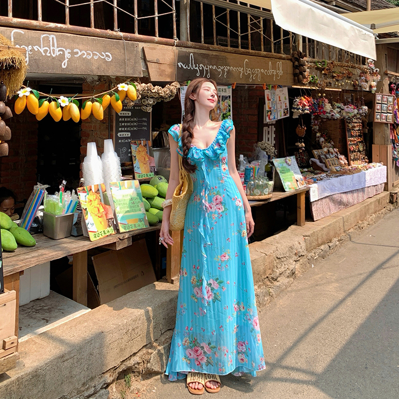 Lace rose sling mermaid long dress blue streamer floral dress