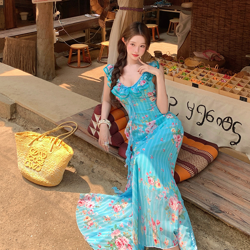 Lace rose sling mermaid long dress blue streamer floral dress