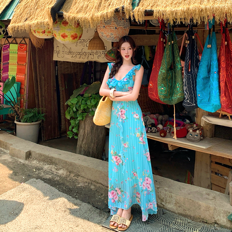 Lace rose sling mermaid long dress blue streamer floral dress