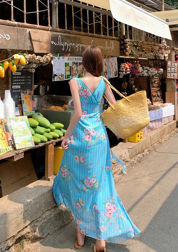 Lace rose sling mermaid long dress blue streamer floral dress