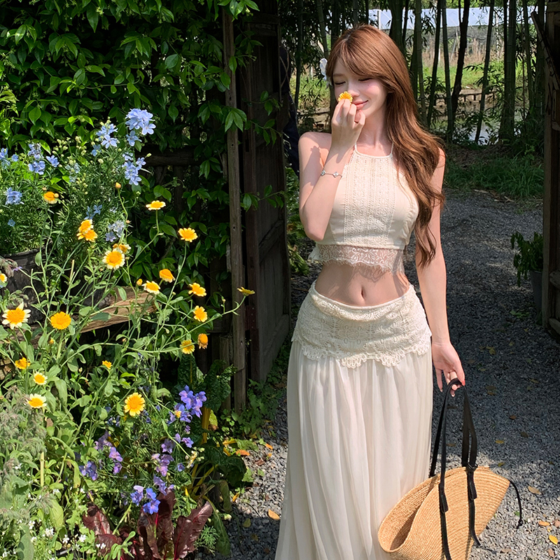 Vacation halter lace skirt sling chiffon short skirt a set