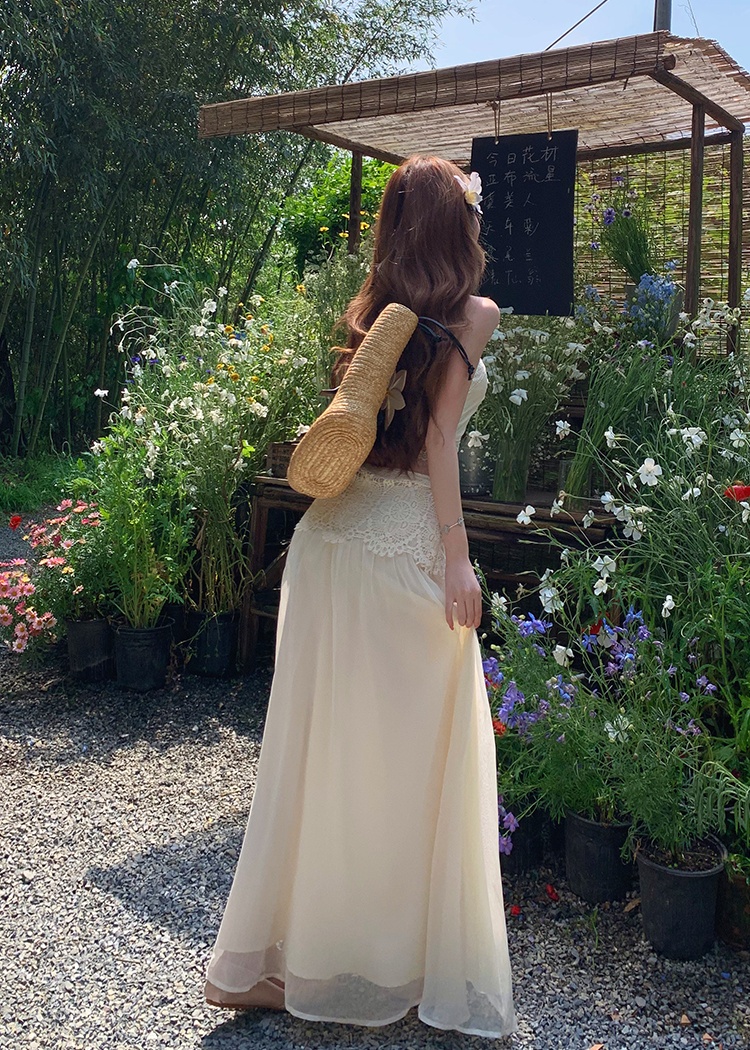 Vacation halter lace skirt sling chiffon short skirt a set