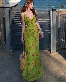Vacation sling floral slim V-neck dress for women