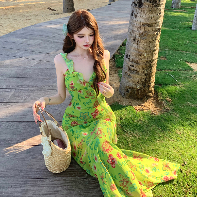 Vacation sling floral slim V-neck dress for women