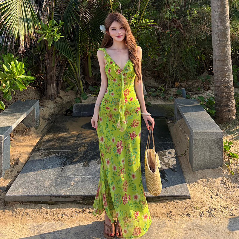 Vacation sling floral slim V-neck dress for women