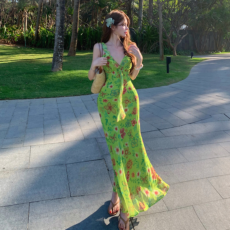 Vacation sling floral slim V-neck dress for women