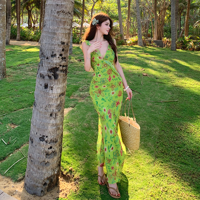 Vacation sling floral slim V-neck dress for women