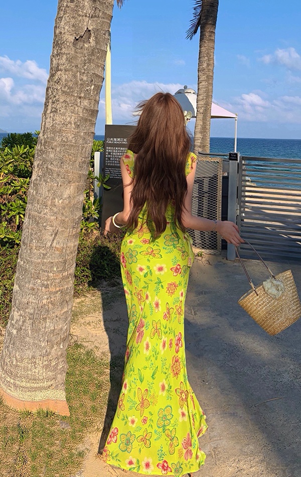 Vacation sling floral slim V-neck dress for women