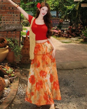 Painting big flower tops red retro T-shirt a set