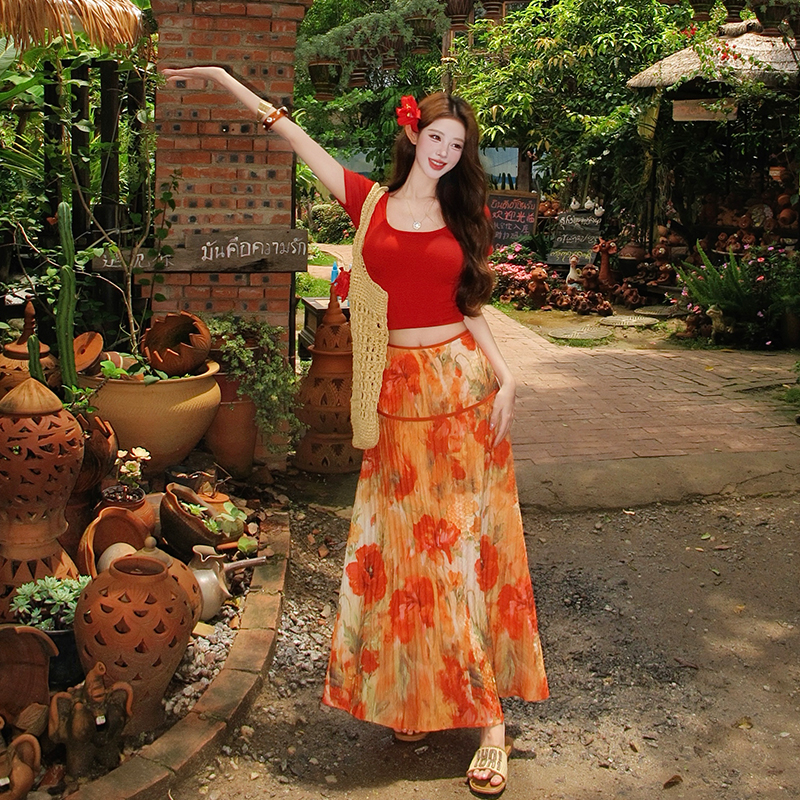 Painting big flower tops red retro T-shirt a set